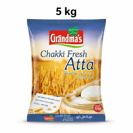 Grandma's Chakki Fresh Atta (5kg)
Experience the wholesome goodness of Grandma's Chakki Fresh Atta in a convenient 5kg value pack. Made from 100% farm-fresh premium wheat and traditionally stone-ground, this flour ensures your family enjoys nutritious, soft rotis every day.This product is available in the UK at theindianshelf.co.uk.