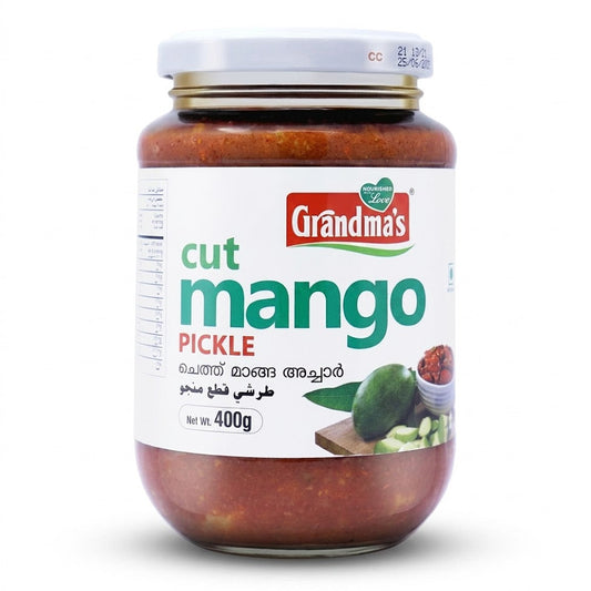 Grandma's Cut Mango Pickle
Bring the authentic taste of a traditional Indian home to your meals with Grandma's Cut Mango Pickle. This 400g jar features premium, hand-picked mangoes cut into bite-sized pieces and preserved in a rich, spicy blend of aromatic oils and traditional spices.This product is available in the UK at theindianshelf.co.uk.