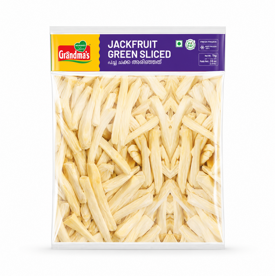 A cleanly lit studio product shot of a transparent 1kg pouch of Grandma's Fresh Frozen Sliced Green Jackfruit isolated against a pure white background. The purple and yellow header label sits above a clear view of uniformly cut, pale yellow raw jackfruit