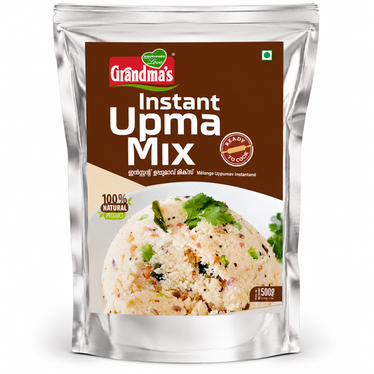 A professional studio shot of the Grandma's Instant Upma Mix silver foil stand-up pouch The label features a rich brown top section with the red and white "Grandma's" logo and the text "Instant Upma Mix" in bold white. A large, circular image shows a beautifully plated scoop of upma garnished with fresh green coriander.  The net weight of 500g is clearly visible at the bottom right. This product is available in the UK at theindianshelf.co.uk.