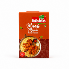 A box of Grandma's Mandi Masala centered on a solid white background, featuring a warm terracotta and brown packaging design with the Grandma's logo and a serving suggestion showing a large platter of fragrant mandi rice topped with roasted chicken, star anise, and dip bowls.