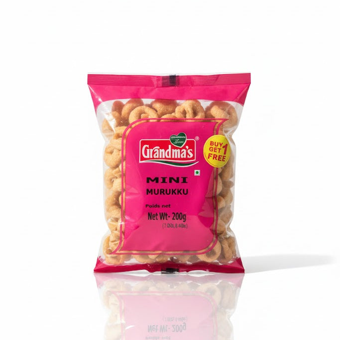 Grandma's Mini Murukku 200g pack, which features a BUY 1 GET 1 FREE offer, is available from theindianshelf.co.uk.