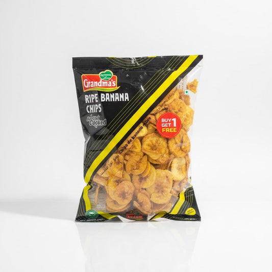 Grandma's Ripe Banana Chips (Vattal Fried/Cooked) 200g pack, featuring a BUY 1 GET 1 FREE offer, is available from theindianshelf.co.uk.