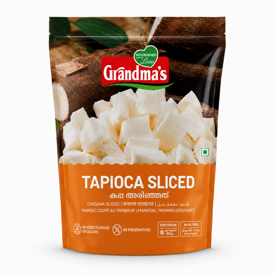 A professional studio shot of a stand-up pouch of Grandma's Sliced Tapioca. The top half of the packaging features a rustic background of whole, brown cassava roots with dark green leaves, centered around the red and white "Grandma's" logo.  The lower half of the bag is a solid orange panel featuring the product title "TAPIOCA SLICED" in bold white lettering, along with its name.This product is available in the UK at theindianshelf.co.uk.