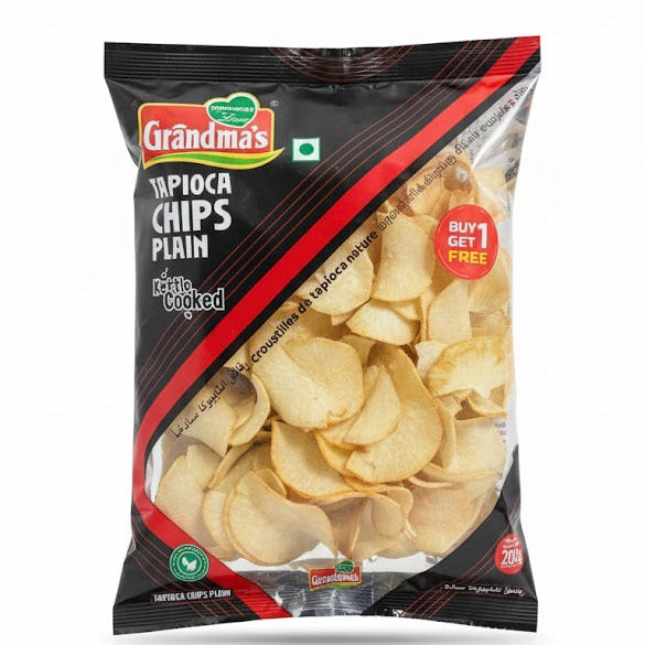 Grandma's Tapioca Chips Plain (Kettle Cooked) 200g pack, which features a BUY 1 GET 1 FREE offer, is available from theindianshelf.co.uk.