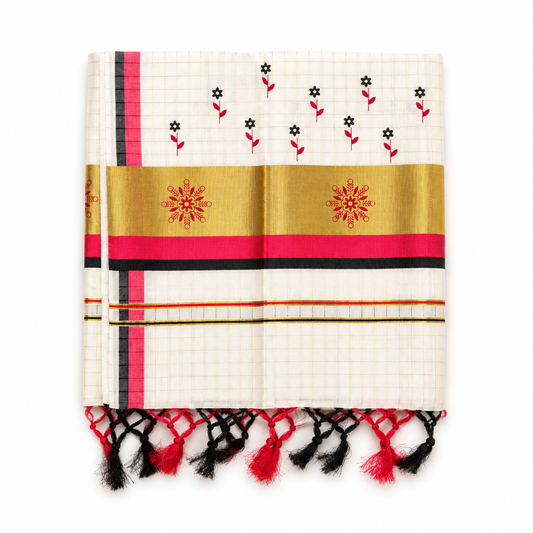A square-folded off-white tissue saree centered on a solid white background, showing a fine grid pattern with hand-painted black and red floral motifs, a wide golden kasavu border with two red hand-painted floral emblems, bold crimson red and black accent stripes, and matching dual-tone black and red knotted fringe tassels along the bottom.