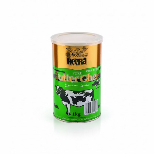 Heera Pure Butter Ghee 1kg tin, featuring authentic and high-quality clarified butter for traditional cooking, is available for purchase at theindianshelf.co.uk.