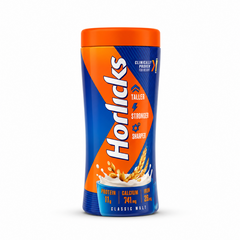 A professional studio product shot of a sleek, hourglass-shaped jar of Horlicks Classic Malt health drink powder isolated against a pure white background in image_fef8e1.jpg. The vibrant orange and deep blue packaging prominently features the white Horlicks logo, growth benefit icons, and a graphic illustration of a blue mug filled with splashing milk and golden wheat stalks.
