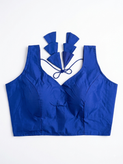 Royal Blue Sleeveless Padded Saree Blouse with Tassel Ties