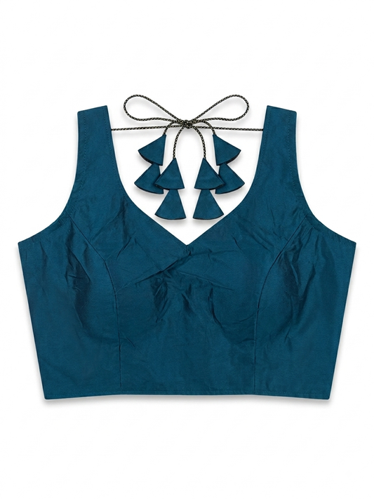 Teal Blue Sleeveless Padded Saree Blouse with Decorative Tassel Ties