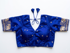 Royal Blue Raw Silk Saree Blouse with Gold Elephant Embroidery & Buttiti Work (Padded)