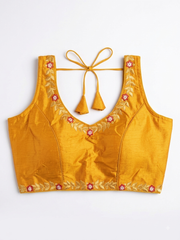 Mustard Yellow Silk Saree Blouse with Floral Vine Embroidery (Padded & Sleeveless)
