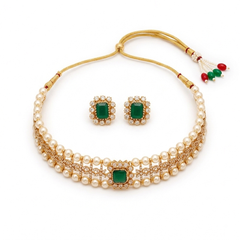 Royal Emerald & Pearl Choker Set – Gold-Plated CZ Necklace with Matching Studs