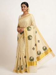 Off-White & Gold Striped Kerala Tissue Kasavu Saree with Peacock Block Print