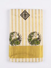 Off-White & Gold Striped Kerala Tissue Kasavu Saree with Peacock Block Print
