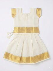 Traditional Off-White & Gold Kerala Kasavu Pattu Pavadai Set for Kids (1-2 years )