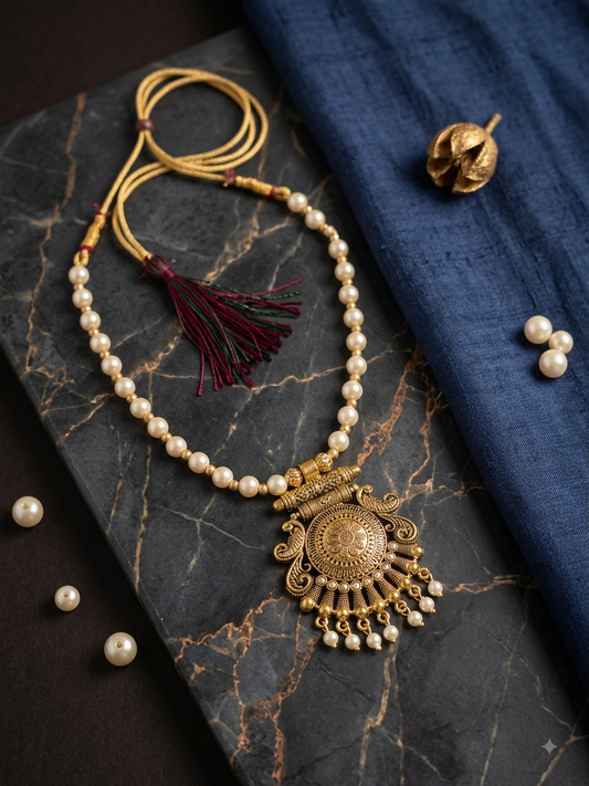 Antique Gold-Toned Pearl Choker Necklace with Statement Pendant