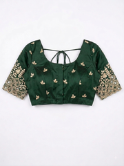 Emerald Green Embroidered Silk Saree Blouse with Mirror Work Sleeves