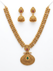 Traditional Gold Plated Necklace and Earring Set with Rubies & Emerald Stone Accent