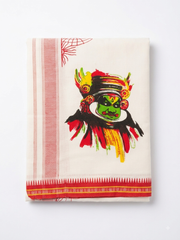 Traditional Kerala Cotton Mundu with Printed Kathakali Motif & Red Border