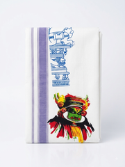 Traditional Kerala Cotton Mundu with Printed Kathakali & Temple Motif (Purple Border)