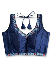 Navy Blue Silk Sleeveless Saree Blouse with Floral Embroidery & Dori Tie-Up
