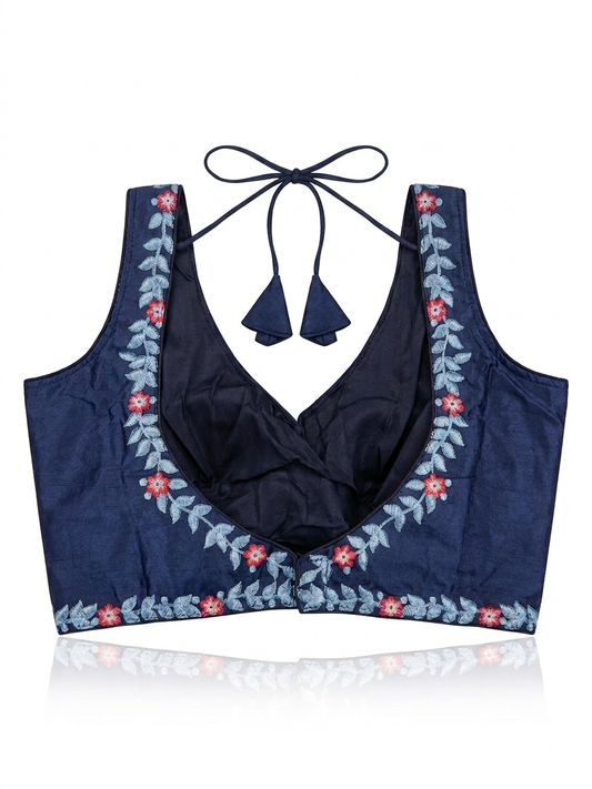 Navy Blue Silk Sleeveless Saree Blouse with Floral Embroidery & Dori Tie-Up