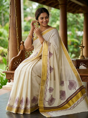 Kerala Kasavu Saree – Off-White Cotton with Maroon Leaf Prints & Gold Zari Border