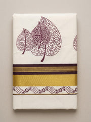 Kerala Kasavu Saree – Off-White Cotton with Maroon Leaf Prints & Gold Zari Border