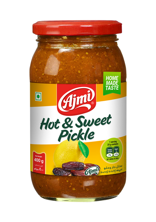 Hot and Sweet pickle 400g by Ajmi by The Indian Shelf – Pickled Fruits & Vegetables, Indian grocery product, for customers in the UK