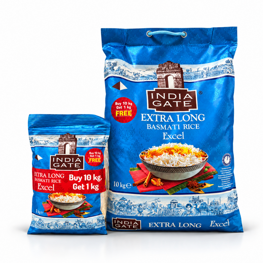 A 10 kg blue promotional bag of India Gate Extra Long Basmati Rice Excel paired with a 1 kg free bonus pack, centered on a solid white background. Available in the UK at theindianshelf.co.uk.