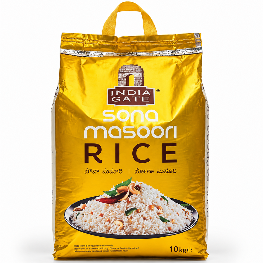 A 10 kg gold-toned retail bag of India Gate Sona Masoori Rice featuring product branding, a carrying handle, and prepared dish imagery, centered on a solid white background. Available in the UK at theindianshelf.co.uk.   
