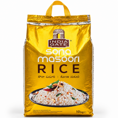 A 10 kg gold-toned retail bag of India Gate Sona Masoori Rice featuring product branding, a carrying handle, and prepared dish imagery, centered on a solid white background. Available in the UK at theindianshelf.co.uk.   