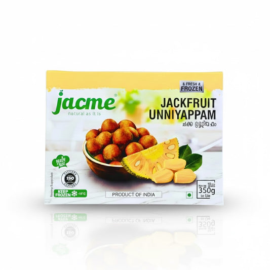 Jacme Jackfruit Unniyappam 350g box, featuring authentic and sweet traditional Kerala-style dumplings, is available for purchase at theindianshelf.co.uk.