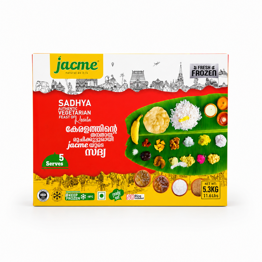 Jacme Authentic Kerala Sadhya (Pre-Order), traditional Kerala vegetarian feast serving 5 people, 5.3kg, no rice included. This product is available in the UK at theindianshelf.co.uk.