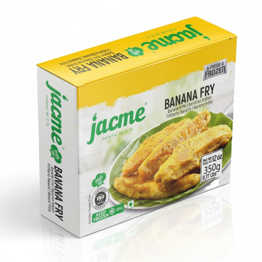 Jacme Banana Fry 350g box, featuring authentic and sweet traditional Kerala-style fried plantains, is available for purchase at theindianshelf.co.uk.