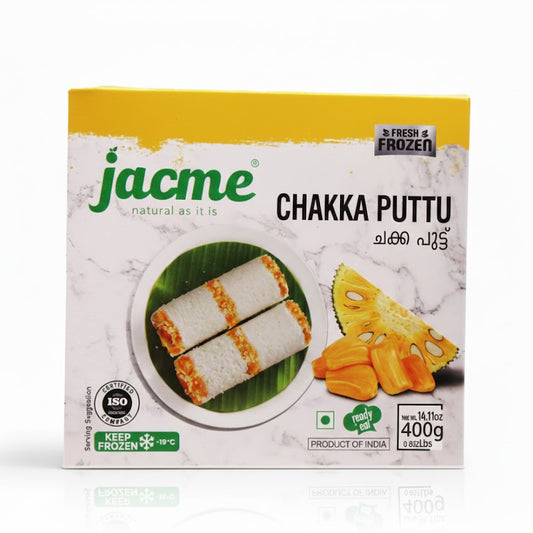 Jacme Chakka Puttu 400g box, featuring authentic frozen steamed rice cakes layered with jackfruit, is available for purchase at theindianshelf.co.uk.