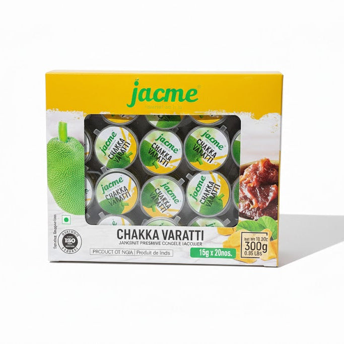 Jacme Chakka Varatti jackfruit preserve 300g pack, containing 20 individual servings of traditional Kerala sweets, is available for purchase at theindianshelf.co.uk.