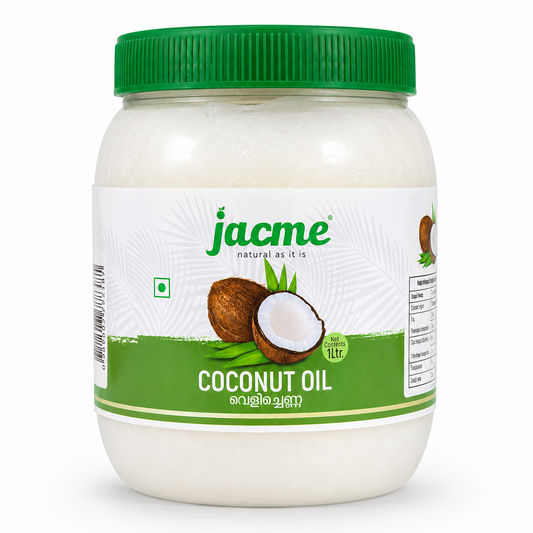 A professional studio shot of a large 1 Liter wide-mouth translucent plastic jar of Jacme Coconut Oil The jar is filled with solidified white coconut oil and features a prominent green ribbed screw-on lid. The central white label has a subtle white palm frond pattern and prominently displays the green "jacme" logo with its tagline "natural as it is." Centered on the label is a realistic graphic of a whole brown textured coconut.This product is available in the UK at theindianshelf.co.uk.