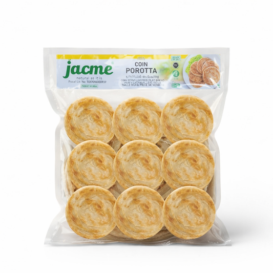 This is a 1kg clear bulk pack of Jacme Coin Porotta. These are small, coin-sized layered flatbreads that are ready to eat and made in India.This product is available for purchase in the UK at theindianshelf.co.uk.