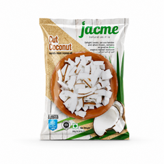 A 400g pack of Jacme Fresh & Frozen Cut Coconut isolated on a white background, featuring a white and tan wood-grain design displaying a clay bowl filled with fresh coconut pieces. This product is available in the UK at theindianshelf.co.uk.