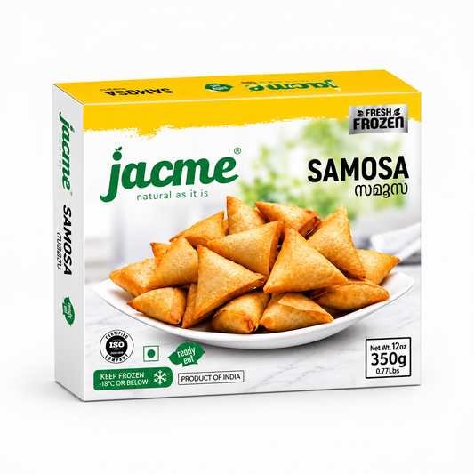 A 350g box of Jacme Fresh Frozen Samosas featuring a plate of golden fried triangular samosas on a white background. Available in the UK at theindianshelf.co.uk.