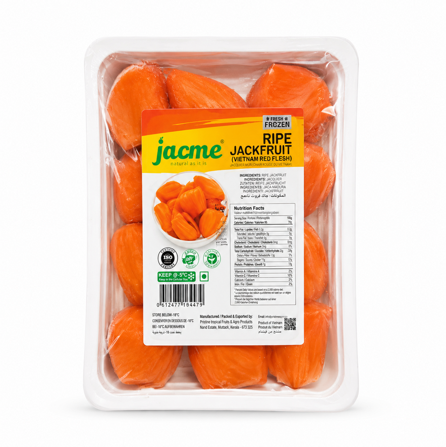 A professional studio product shot of a clear retail tray filled with Jacme Frozen Ripe Jackfruit (Vietnam Red Flesh) pods isolated against a pure white background. The central yellow and white label displays nutrition facts, brand logos, and a product illustration showcasing the vibrant orange-red fruit bulbs inside.