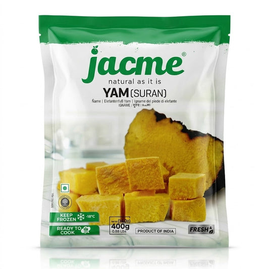 This image shows a 400g (14 oz) pack of Jacme Frozen Yam, also known as Suran. The packaging highlights that the product is "natural as it is," ready to cook, and must be kept frozen at $-18^{\circ} \text{C}$. It is a product of India and features a "Fresh & Natural" seal. The clear portion of the bag displays pre-cut, golden-yellow cubes of yam, which is a popular tuber used in various Indian curries and side dishes.This product is available for purchase in the UK at theindianshelf.co.uk.