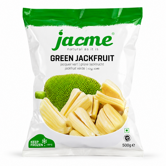 A professional studio shot of a stand-up pouch of Jacme Green Jackfruit.The packaging features a clean, minimalist white background with a vibrant green band across the top seal. The prominent green "jacme" logo is centered near the top with its signature tagline "natural as it is." Below the brand name, the product title "GREEN JACKFRUIT" is printed in bold black lettering, This product is available in the UK at theindianshelf.co.uk.