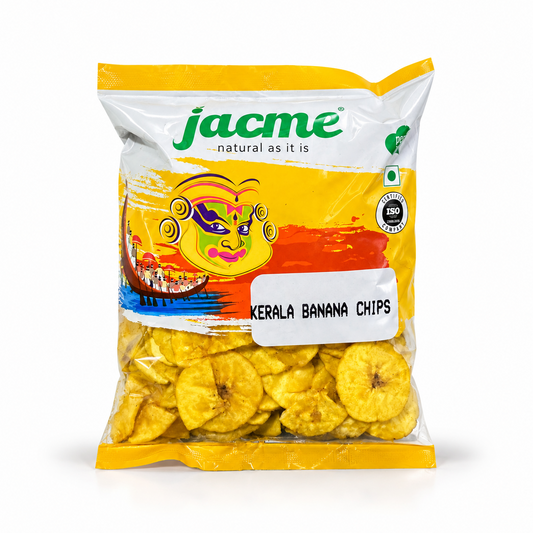 A retail pouch of Jacme Kerala Banana Chips featuring traditional yellow packaging, brand logos, and visible golden chips, centered on a solid white background. Available in the UK at theindianshelf.co.uk.