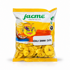 A retail pouch of Jacme Kerala Banana Chips featuring traditional yellow packaging, brand logos, and visible golden chips, centered on a solid white background. Available in the UK at theindianshelf.co.uk.