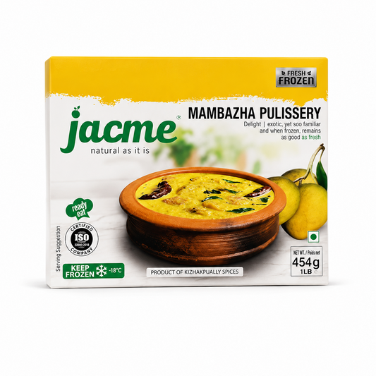 A 454g pack of Jacme Fresh & Frozen Mambazha Pulissery isolated on a white background, featuring a yellow and white label displaying a traditional clay bowl of mango curry next to ripe mangoes. This product is available in the UK at theindianshelf.co.uk.