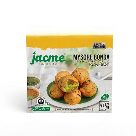 This is a 350g (12 oz) pack of Jacme Mysore Bonda, featuring spicy fried balls with a potato filling. It is a ready-to-eat frozen snack produced in India and must be stored at -18°C.This authentic South Indian snack is available for purchase in the UK at theindianshelf.co.uk.