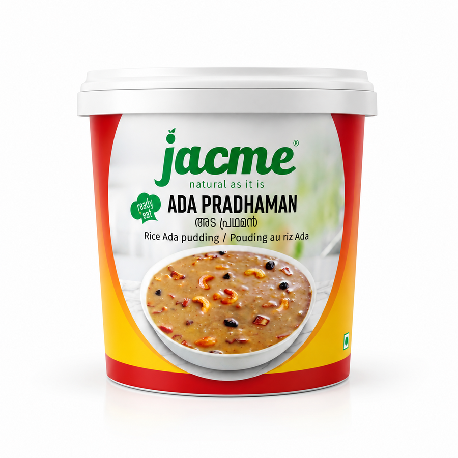 A tub container of Jacme Ready-to-Eat Ada Pradhaman featuring a bowl of rich jaggery rice ada pudding garnished with cashews and raisins, centered on a solid white background. Available in the UK at theindianshelf.co.uk.